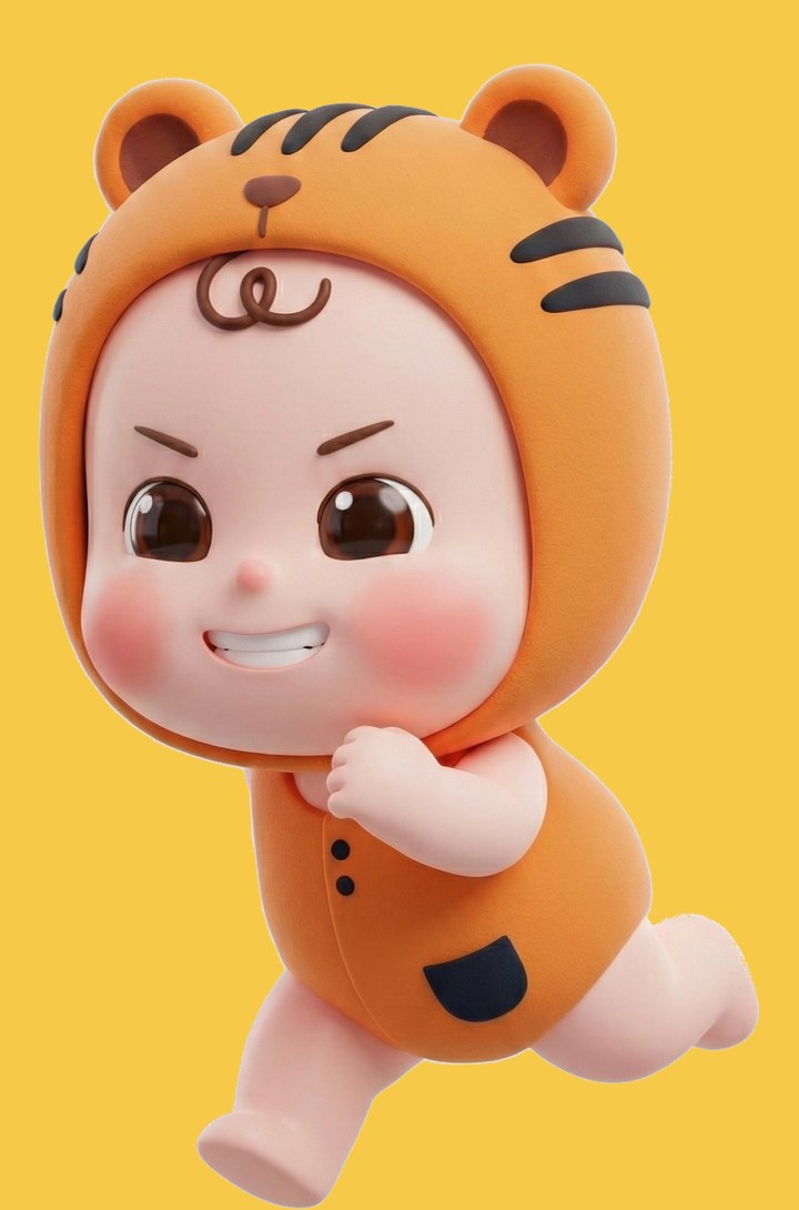 Hotting, the Wooathing Friends character in a tiger suit, running with a big smile
