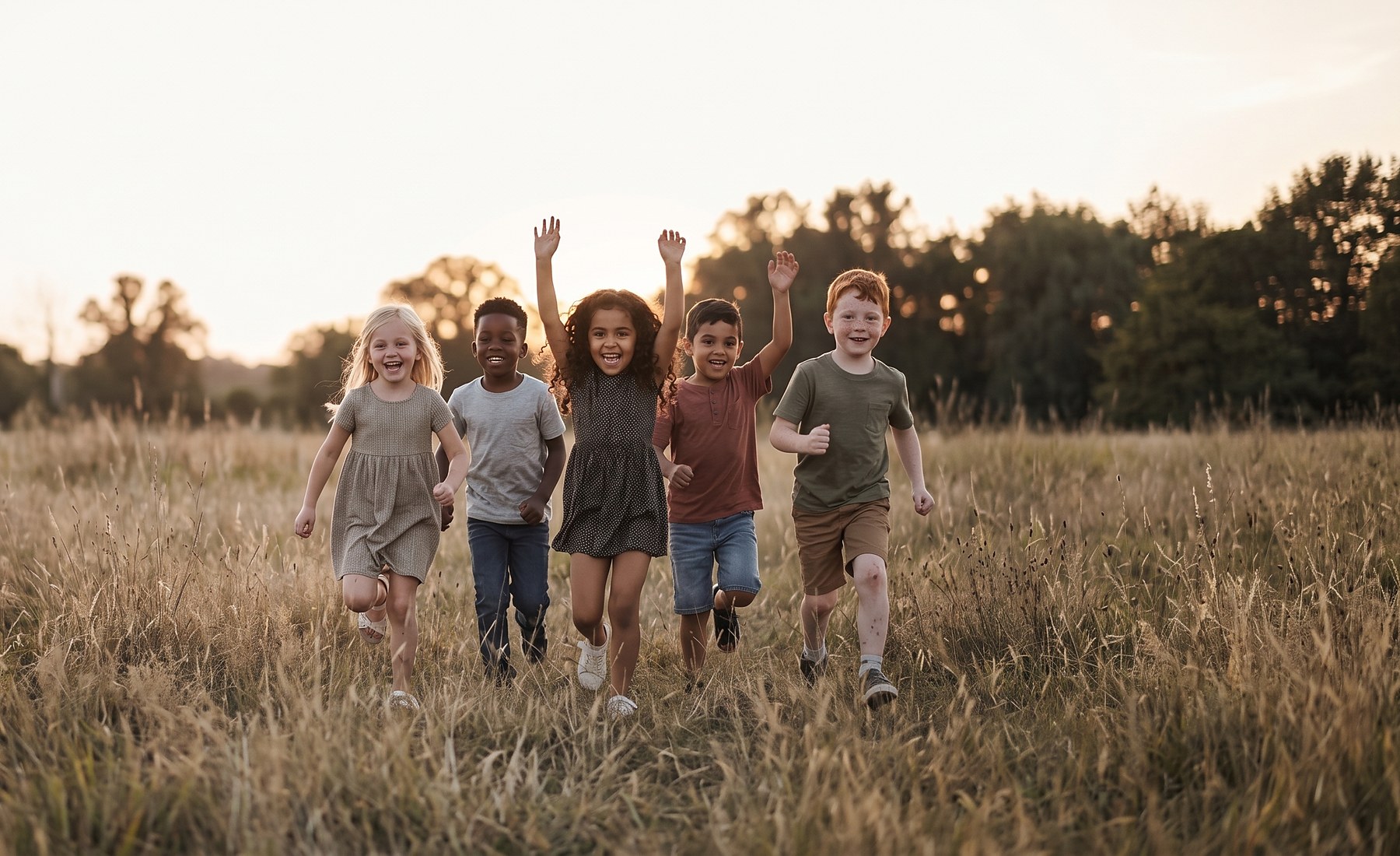Children from around the world running together through a field at sunset