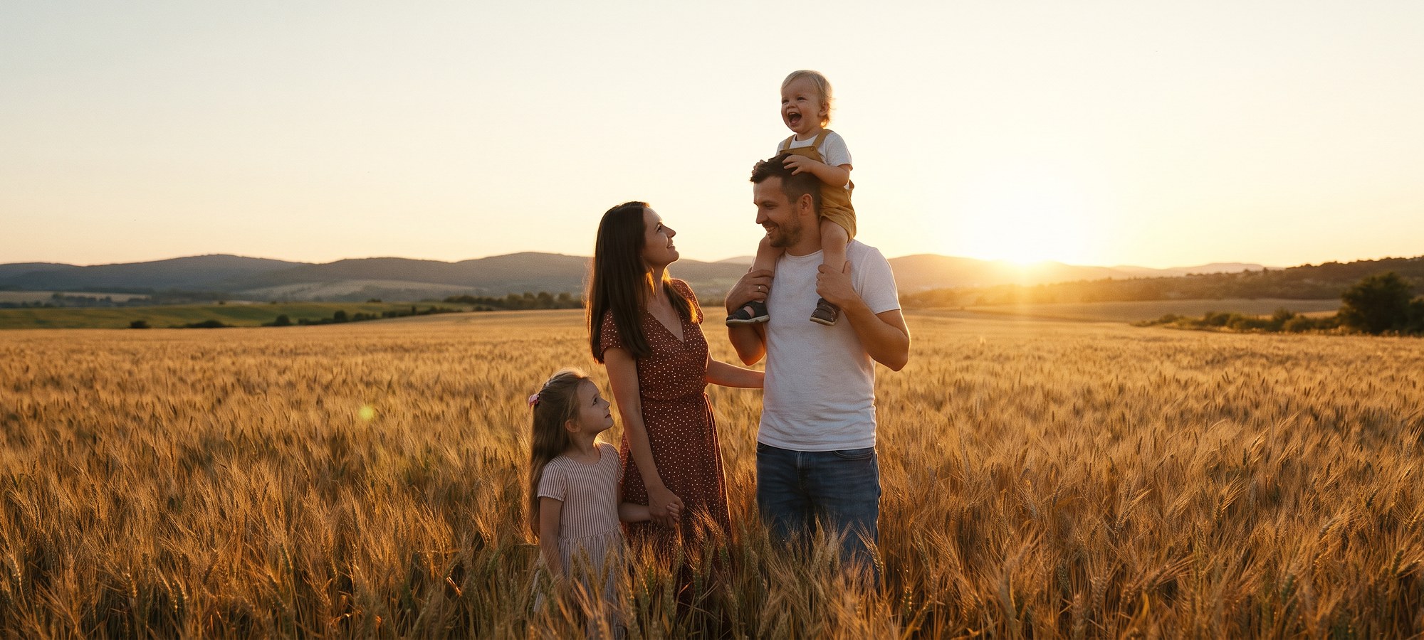 A family in a sunset field, a child riding on a parent's shoulders