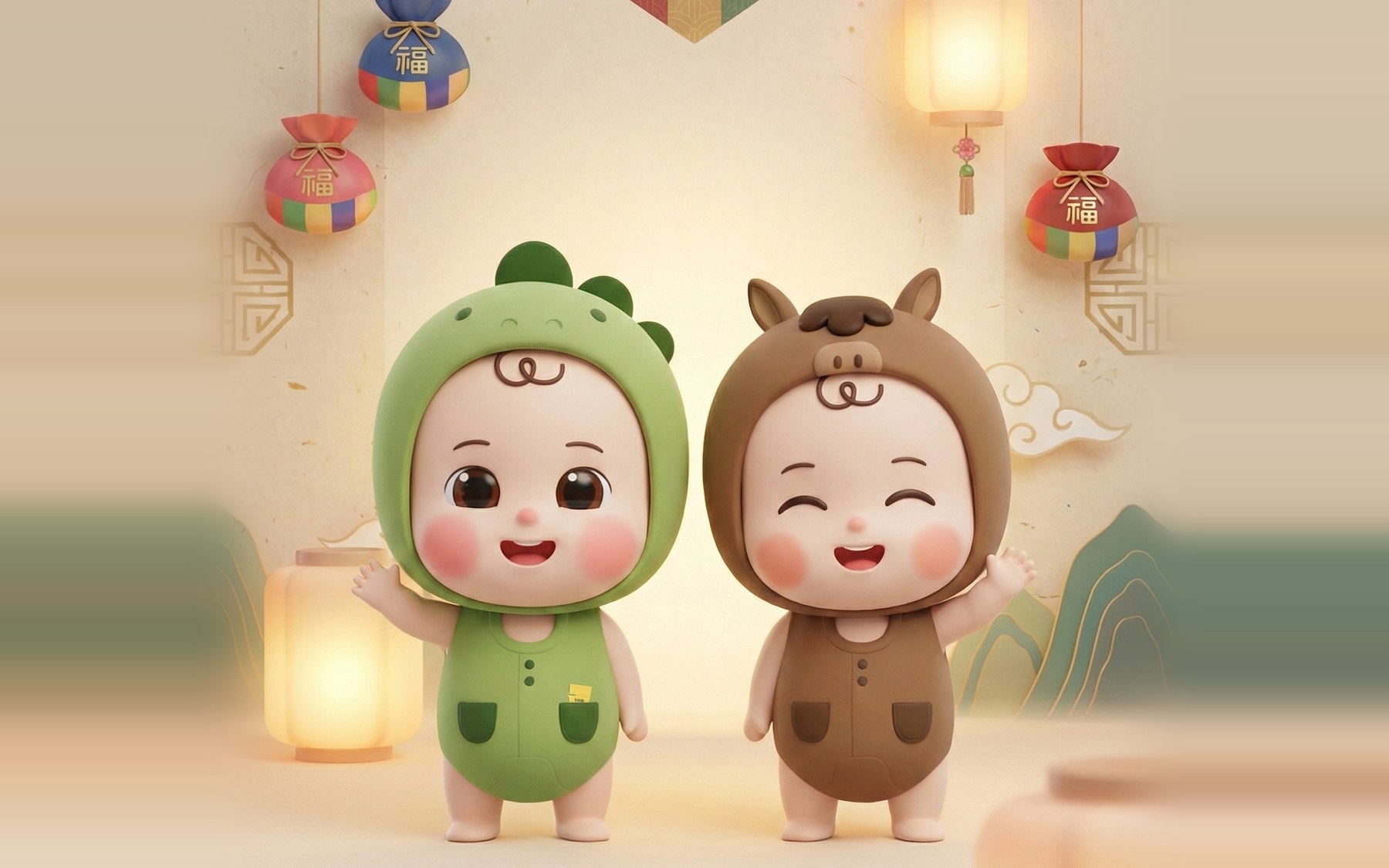 Wooathing Friends Yongtting and Matting waving under paper lanterns