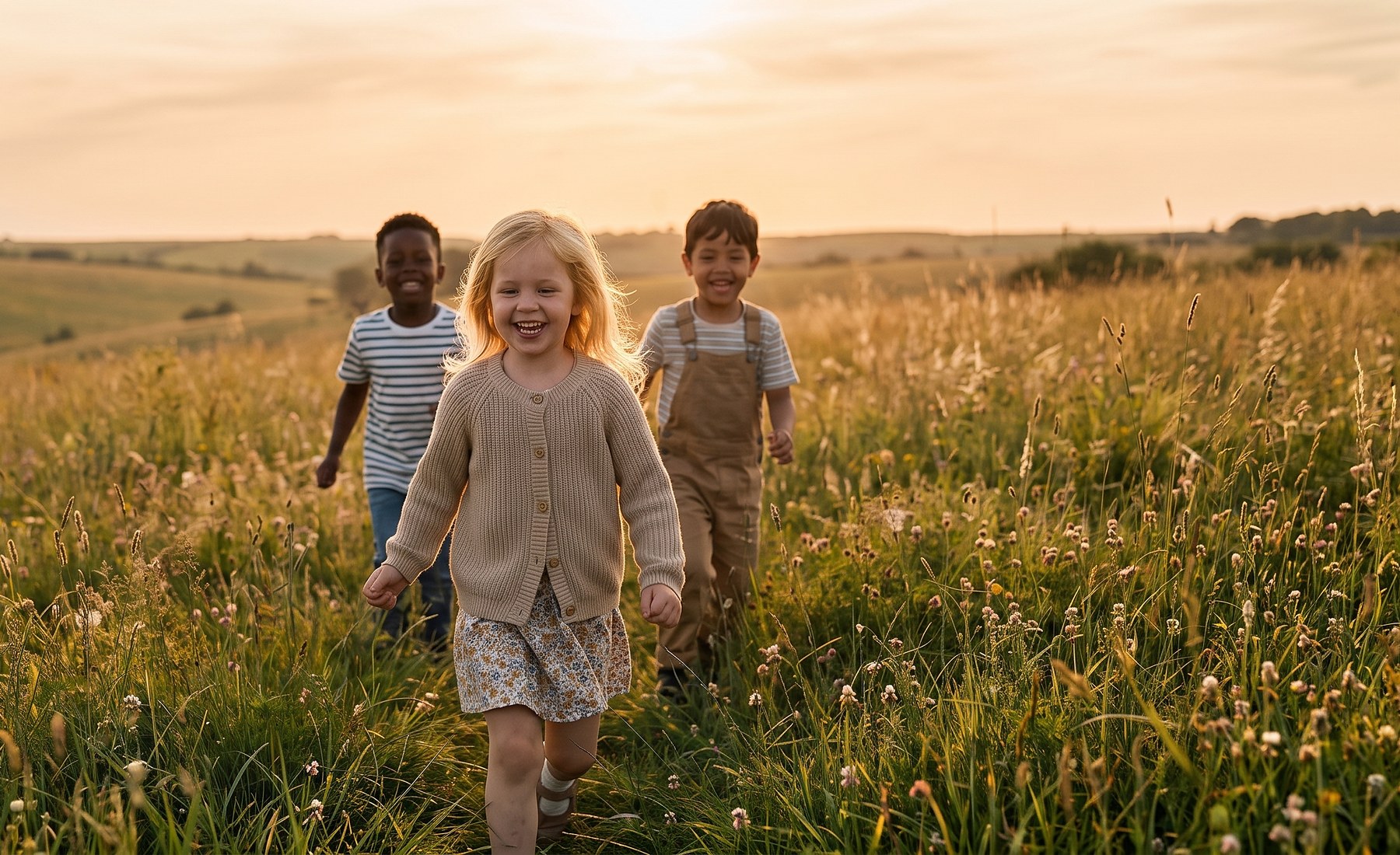 Children running and laughing through a field at sunset