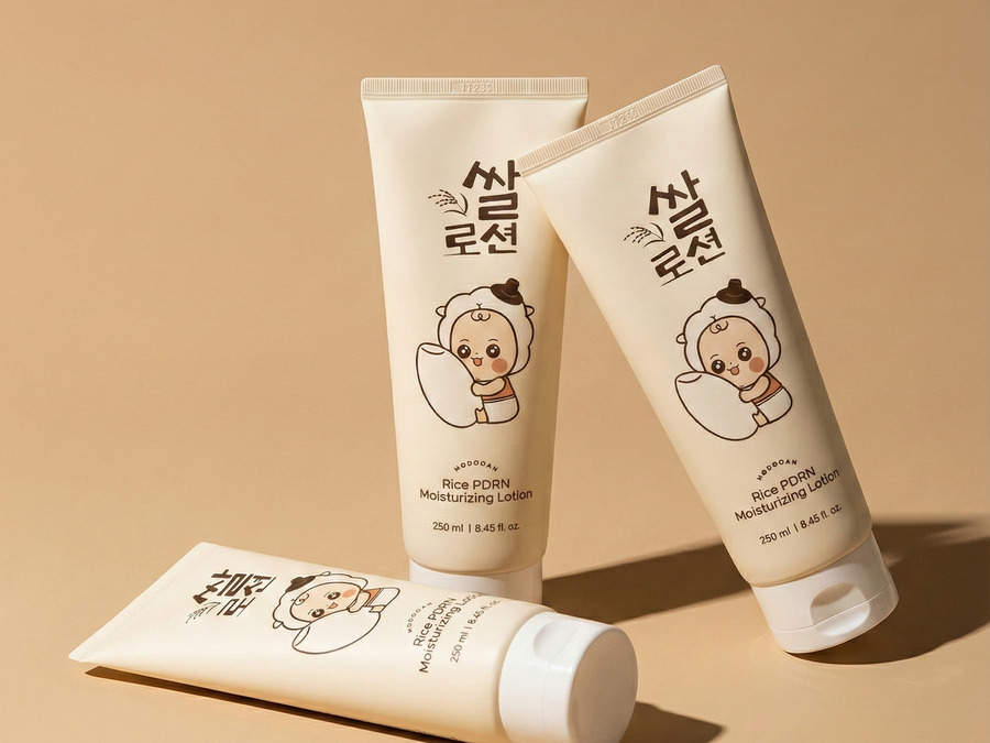 베이지 배경에 놓인 모두안 쌀로션 두 개