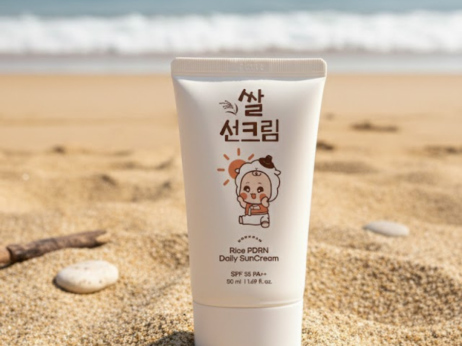 모래 위에 놓인 모두안 쌀선크림