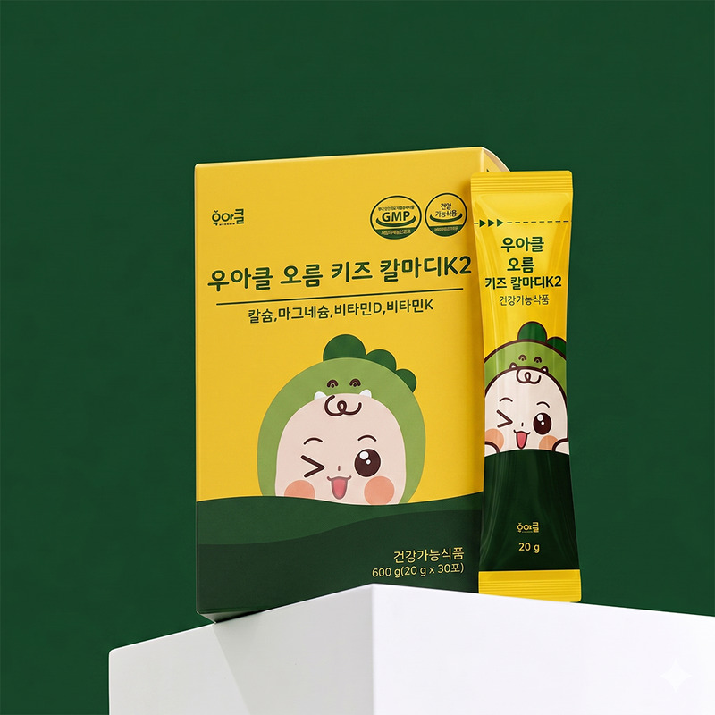 딥그린 배경에 놓인 칼마디K2 상자와 스틱