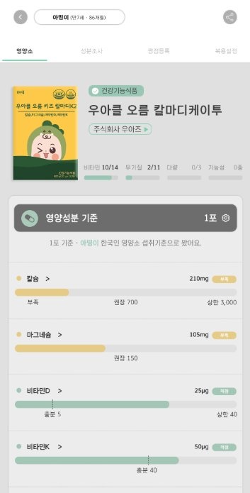 우아띵 앱에서 제품 1포의 칼슘·마그네슘·비타민D·비타민K를 아이 나이의 섭취기준과 비교한 화면